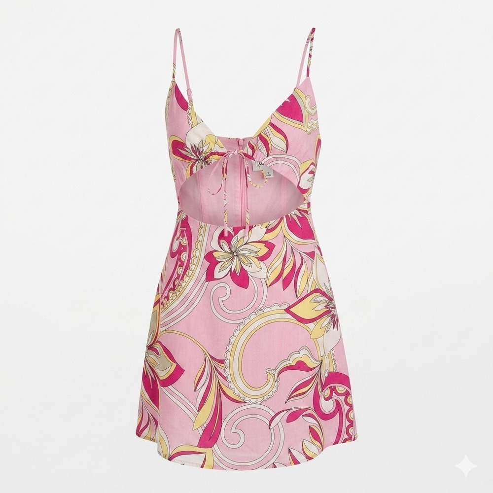 Sky to Moon Pink Paisley Floral Cutout Mini Dress‎ Womens Vacation Retro Size M